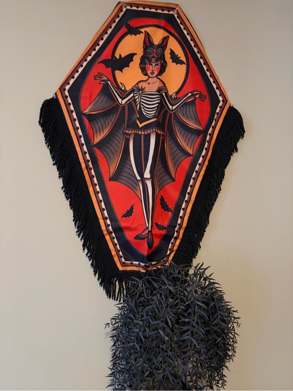 TattooVintage-Style Bat Girl Coffin Banner — Red, Black, Yellow